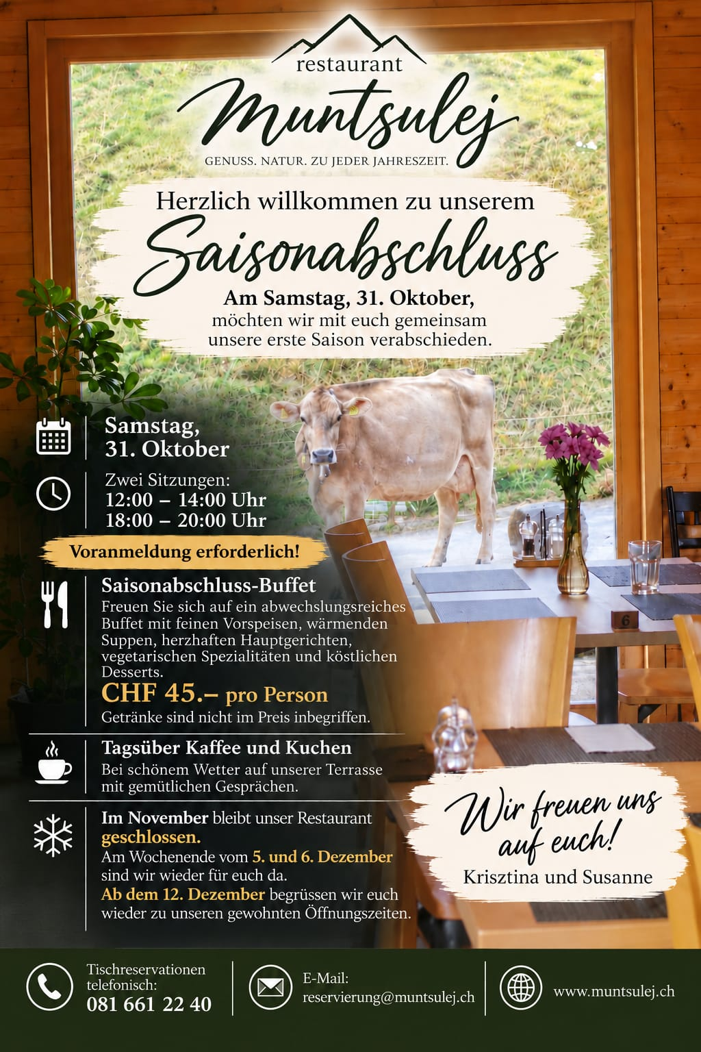 Abschiedsessen zum Saisonabschluss am 31. Oktober im Restaurant Muntsulej.