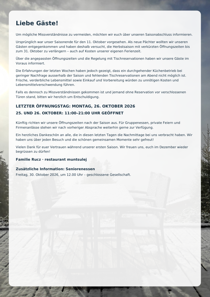 Letzter Öffnungstag: Montag, 26. Oktober 2026. Am 25. und 26. Oktober geöffnet von 11:00 bis 21:00 Uhr.